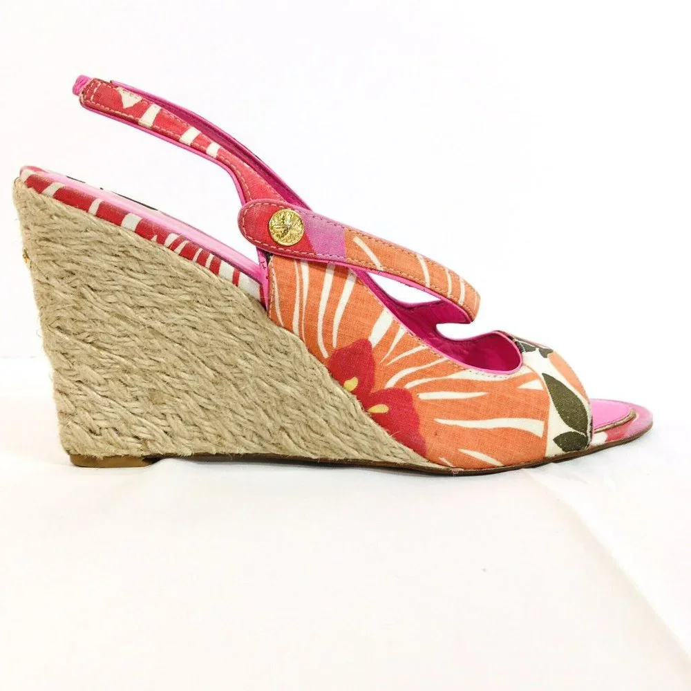 Lilly Pulitzer Sz 10M Espadrille Sling Back Wedge Logo Pink Floral Peep Toe